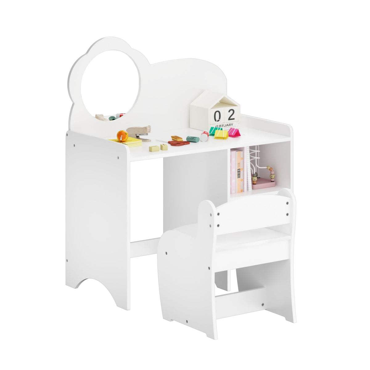 Kids Vanity Table with Mirror and Chair, Wooden Children's Dressing Makeup Desk with Storage Shelves