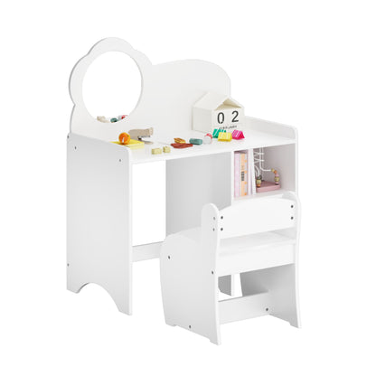 Kids Vanity Table with Mirror and Chair, Wooden Children's Dressing Makeup Desk with Storage Shelves