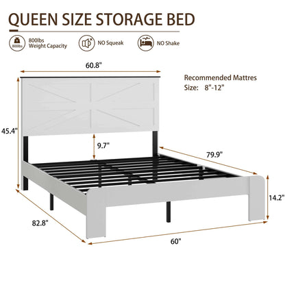 Queen Bed Frame Headboard, Wood Platform Bed Frame, Noise Free, No Box Spring Needed and Easy Assembly Tool, Large Under Bed Storage, White
