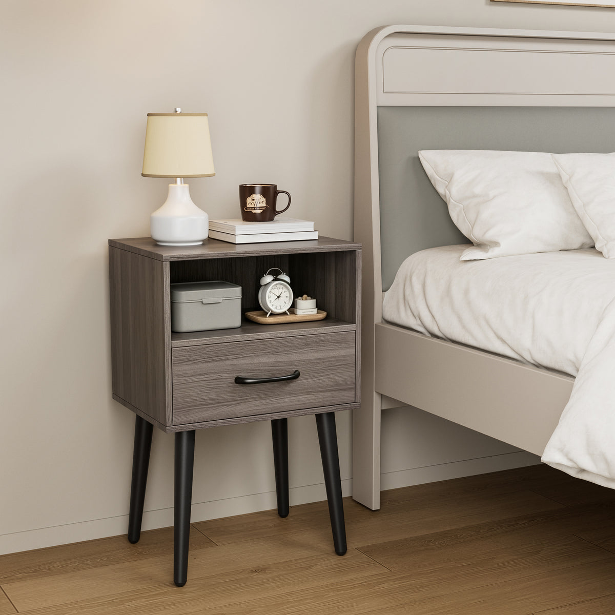 Two sets of Nightstand, modern style bedside table, With storage drawers and open wooden shelves