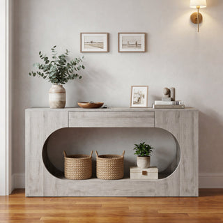 Modern Grey Wood Grain Console Table, Particle Board Entryway Table with Storage Drawer, Hollow Oval Cutout Narrow Sofa Accent Table for Hall Foyer Li