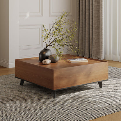 35.43" Square Walnut Finish Coffee Table with Hidden Drawer and Black Base, Modern Large Cocktail Center Table with Storage for Living Room, Apartment and Office