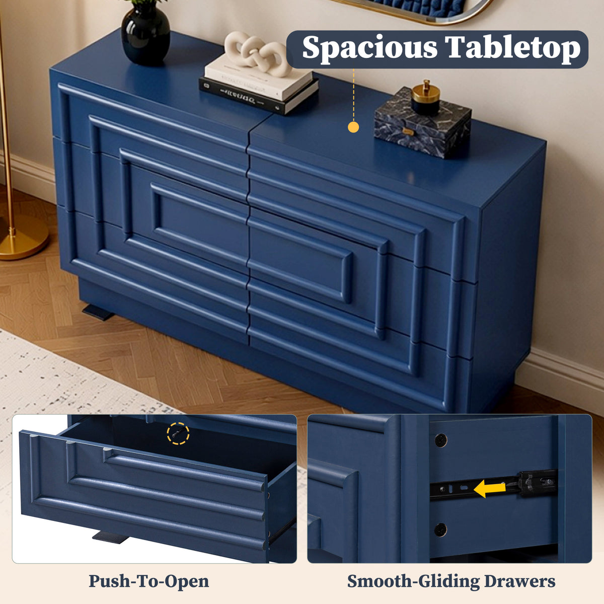 Mid Century 6-Drawer Dresser for Bedroom, 57.2" Wide Modern Push-to-Open Chest of Drawers, TV Stand for Living Room, Thickened Base,Vanity Desk, Drawers Organizer Furniture, Hallway,Deep Sea Blue