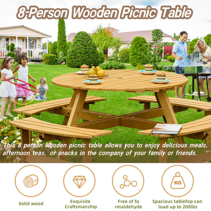 Outdoor 8 Person Picnic Table, 8 person Round Picnic Table with 4 Built-in Benches, Umbrella Hole, Outside Table and Bench Set, Porch