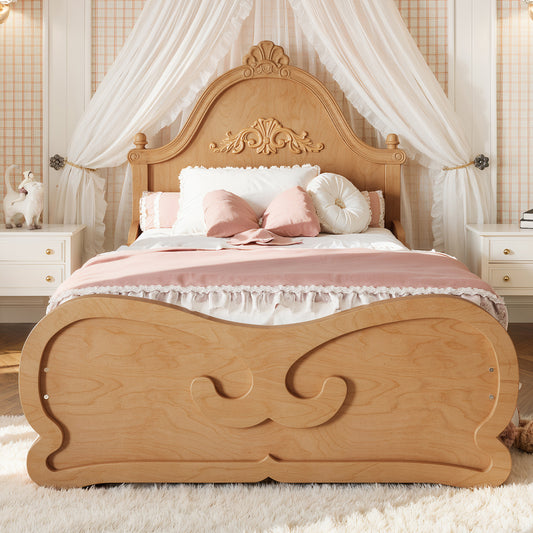 Twin Vintage Carved Platform Bed with Headboard, Solid Wood Bed Frame with Slatted Support, Low Profile Platform Bed for Kid Teens, No Box Spring Needed.Natural