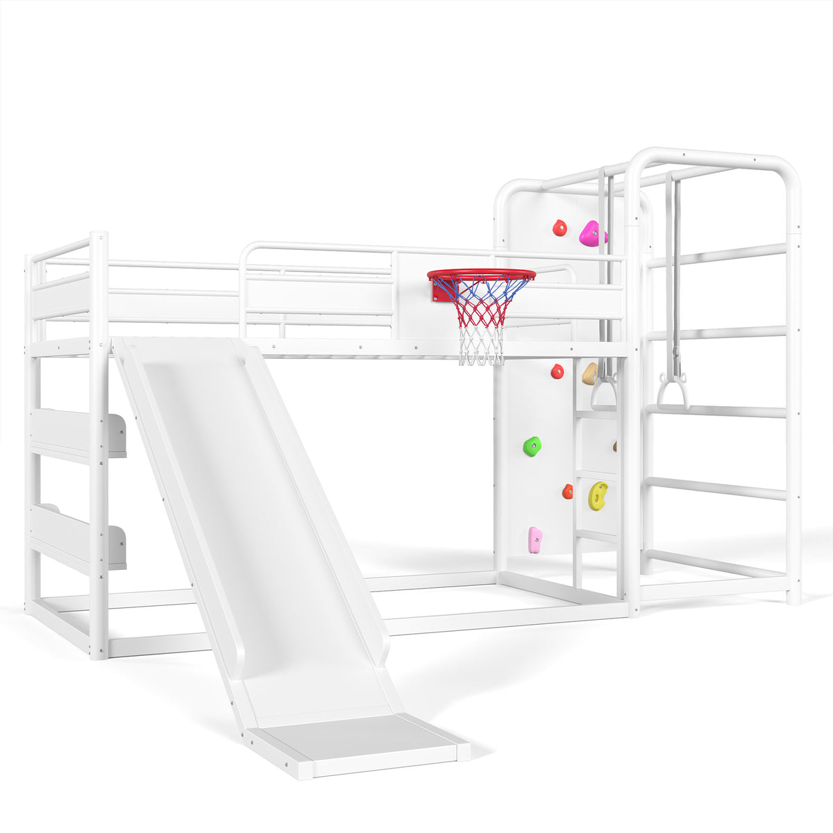Twin size metal loft/bunk bed with basketball hoop, pull-up rings, climbing wall, and built-in bookshelves. Playful children's design featuring a slide,White.