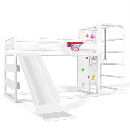 Twin size metal loft/bunk bed with basketball hoop, pull-up rings, climbing wall, and built-in bookshelves. Playful children's design featuring a slide,White.