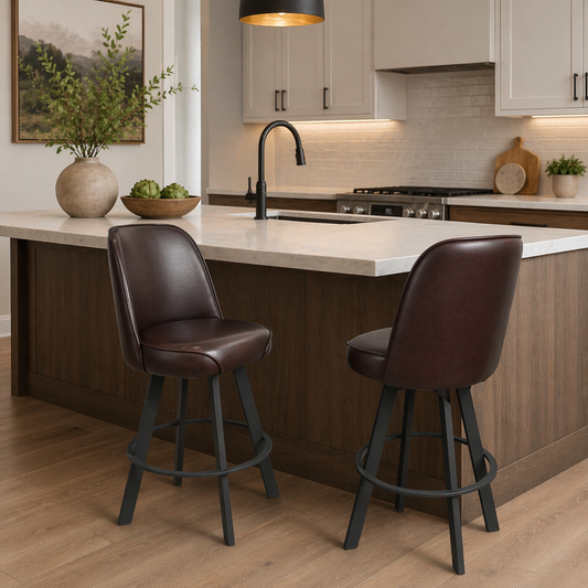 Set of 2 commercial-grade, super comfortable upholstered swivel bucket-seat bar stools with metal frame. Suitable for restaurant, café, and home kitchen counter seating. Assembly required