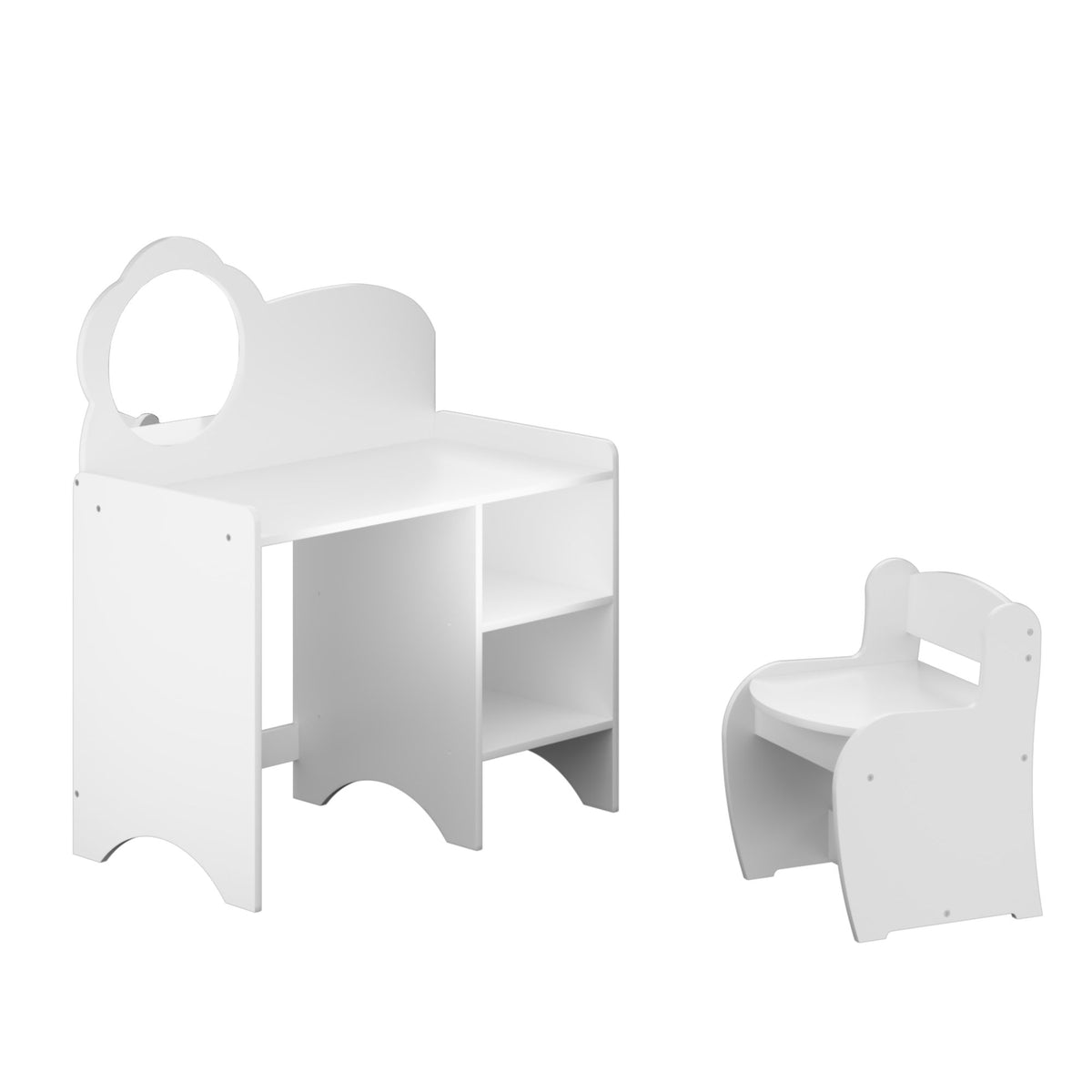 Kids Vanity Table with Mirror and Chair, Wooden Children's Dressing Makeup Desk with Storage Shelves