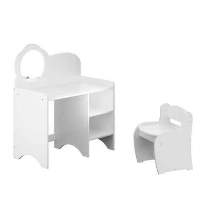 Kids Vanity Table with Mirror and Chair, Wooden Children's Dressing Makeup Desk with Storage Shelves