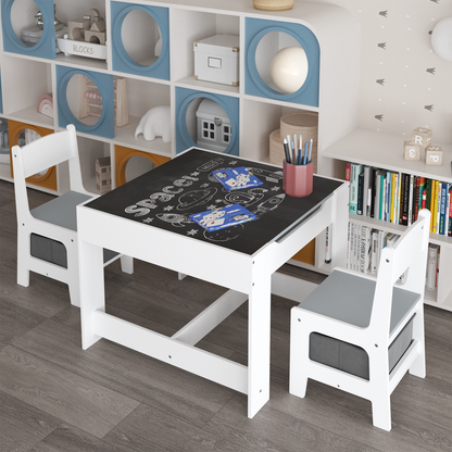 Kids Table and Chair Set, 3-in-1 Wooden Activity Table with Storage Drawer for Toddlers Drawing, Reading, Crafts, 2-in-1 Detachable Top in White+Gray MDF