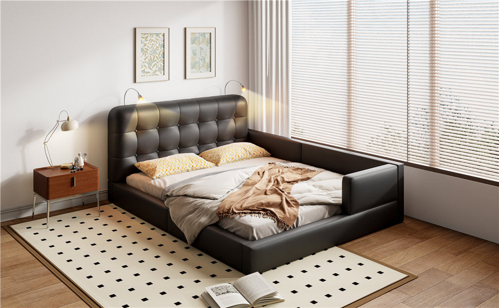 Queen Size Upholstered Platform Bed with 2 Reading Lights, Black