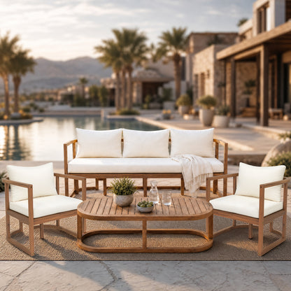 TOPMAX 4-Piece Modern Acacia Wood Sofa Set, Free Combination with a 3-Seater Sofa, 2 Armchairs and a Coffee Table, 4.7" Thick Seat Cushions,  Indoor&Outdoor Use, Light Teak+Beige Cushion