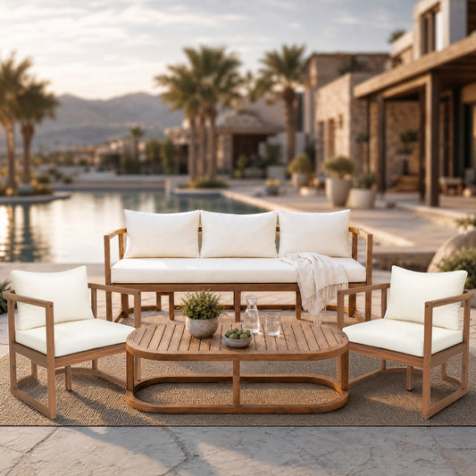 TOPMAX 4-Piece Modern Acacia Wood Sofa Set, Free Combination with a 3-Seater Sofa, 2 Armchairs and a Coffee Table, 4.7" Thick Seat Cushions,  Indoor&Outdoor Use, Light Teak+Beige Cushion
