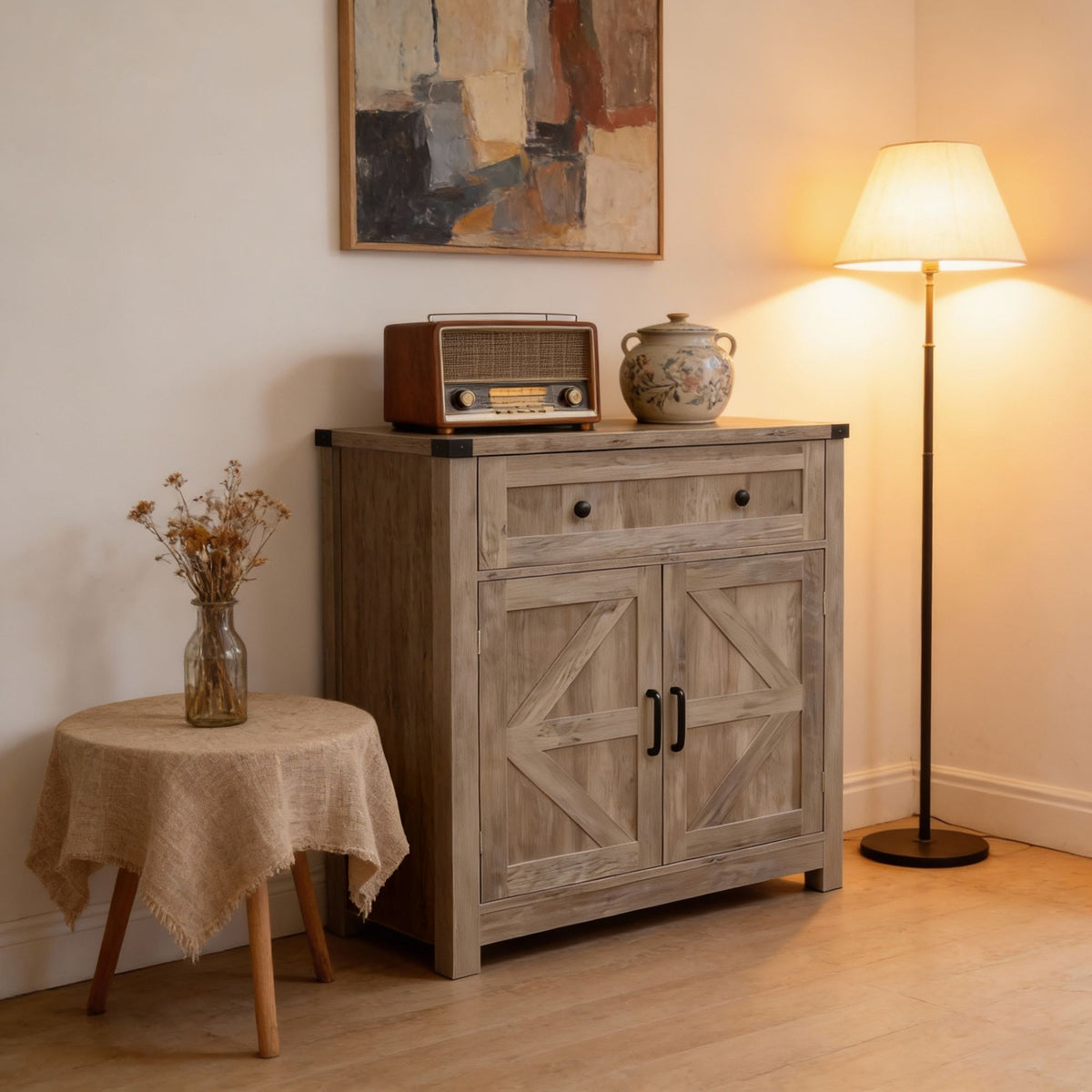 Light Gray-Washed Wood Farmhouse Barn-Door Storage Cabinet, Coffee Bar Buffet Sideboard with Drawer