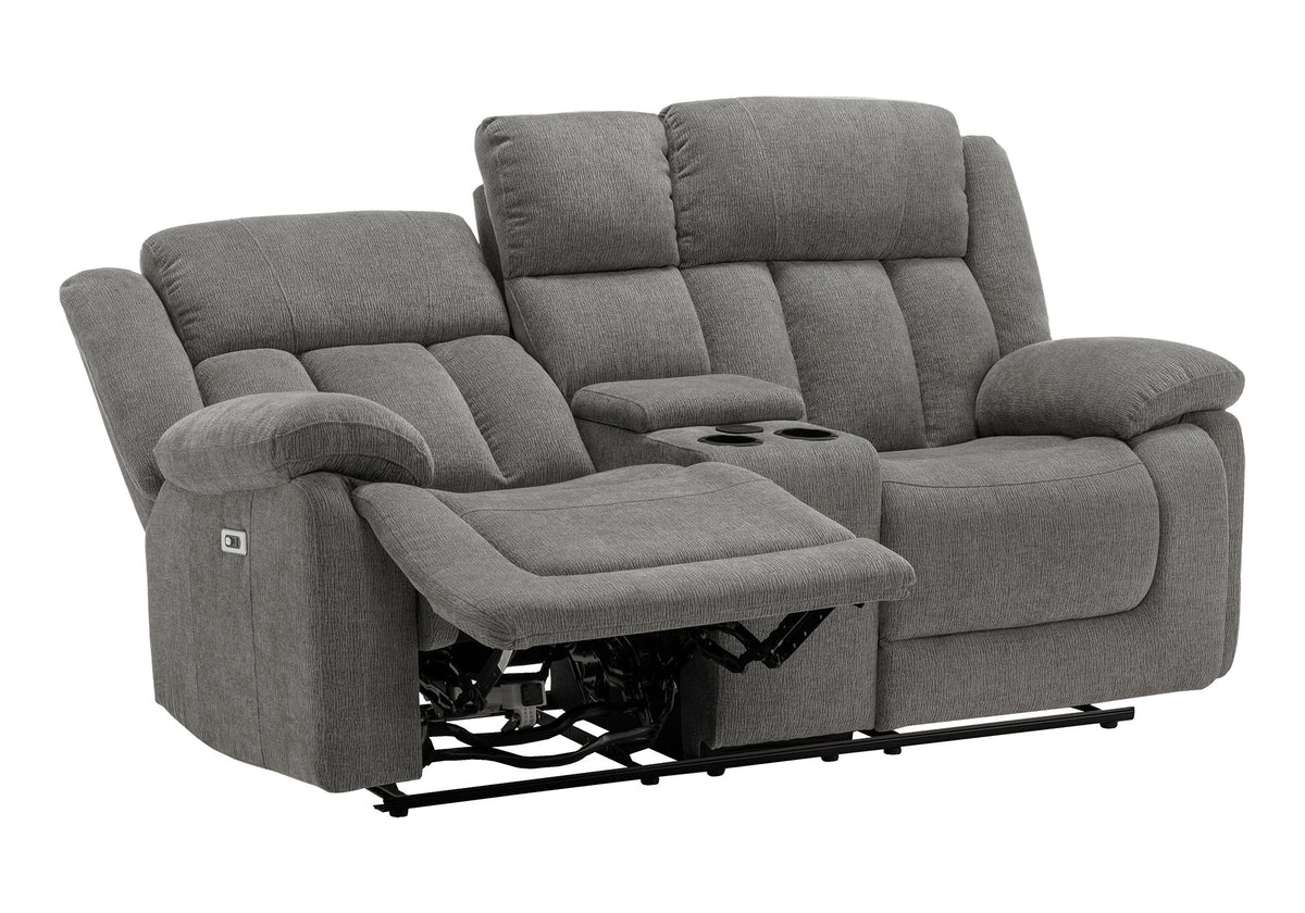 Reclining Love Seat, Power Recliner, 2 Seater, Upholstered, 76" Wide, Console Included, Usb Port Included, Light Grey Fabric, Transitional