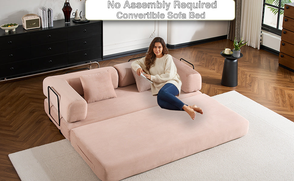 Convertible Sleeper Sofa Bed with Cylindrical Pillow, Corduroy Folding Mattress Couch with Fixed-Shape Frame, Floor Sofa Lounge Couch - Pink