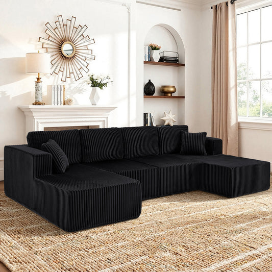 U-Shaped Modular Sectional Sofa [SIZE UPGRADED], Modern Minimalist Corduroy Compressed Sleeper Couch, Extra Spacious Design for Living Room/Bedroom, Comfy Space-Saving Sofa-Black
