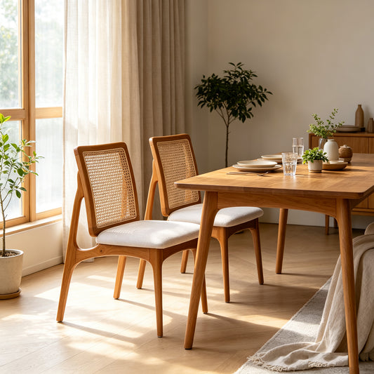 Set of 2 Mid Century Modern Rattan Dining Chairs, Solid Rubber Wood Frame Dining Side Chairs with Natural Cane Rattan Backrest