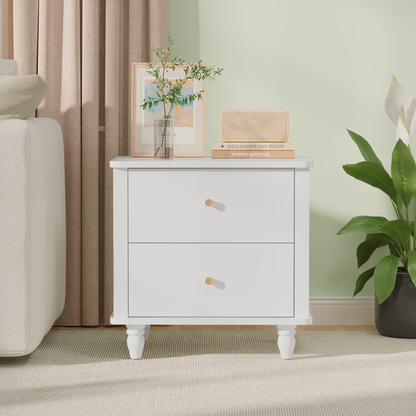 Modern 2-Drawer Nightstand, MDF Wooden Bedside Table with Round Knobs, Small Bedside Cabinet End Table for Bedroom, Living Room, Kids Room, White