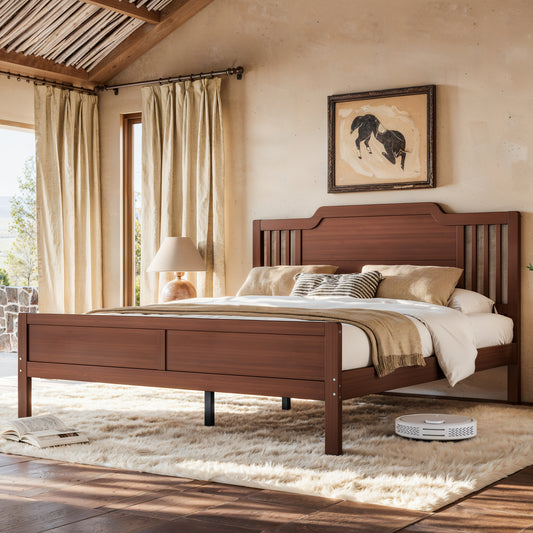 Queen Size Platform Bed with Tall Headboard, Solid Bamboo-made Bed Frame with Support Slats, Queen Bed Frame for Bedroom, Guest Rooms, Warm Brown