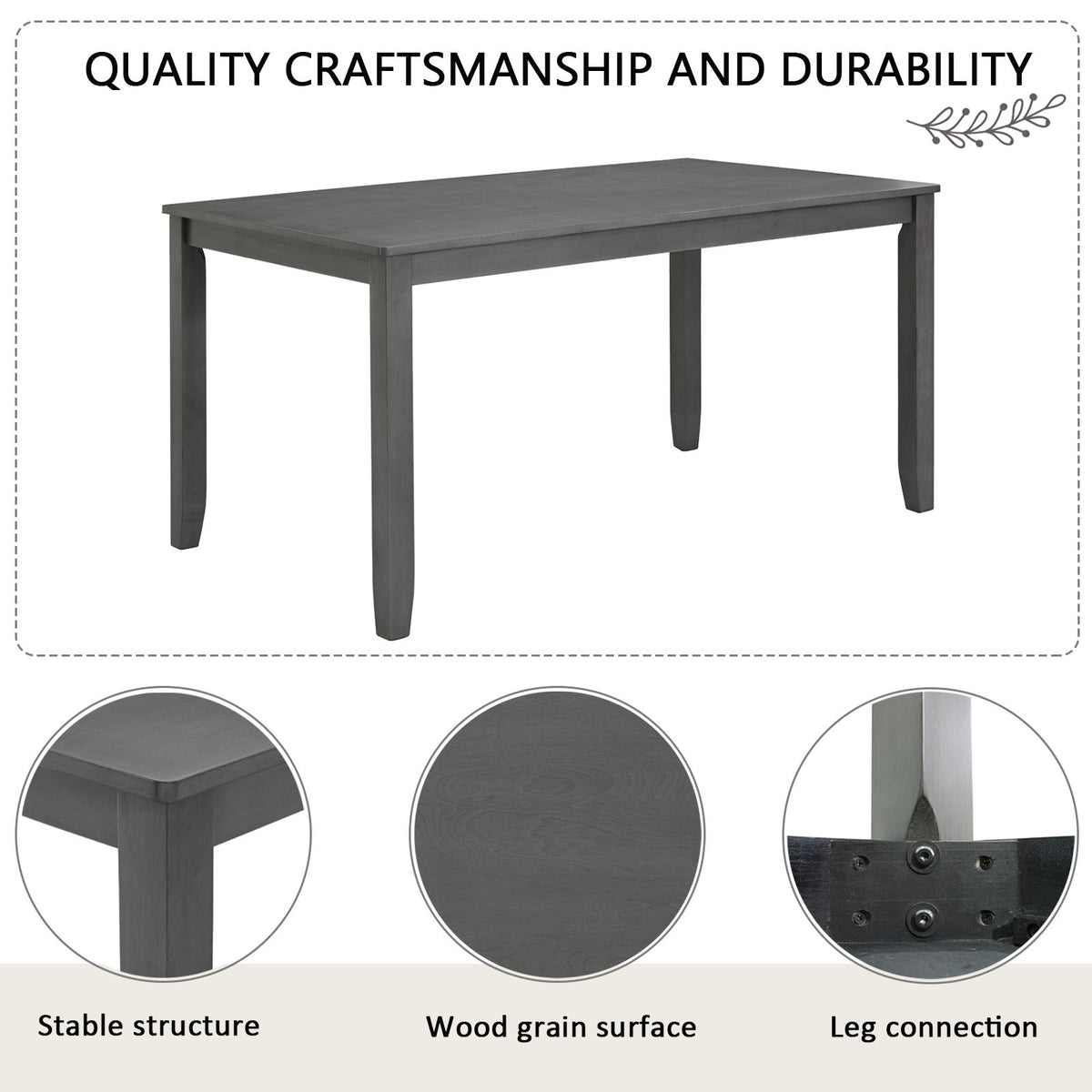 Modern 6-Piece Dining Table Set with Bench and Chairs for Dining Room or Kitchen – Grey