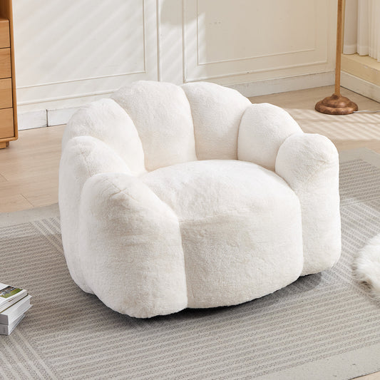 Lotus Style Compression Sofa Adult Bean Bag with Pull Ring, White Plush, 43.7 x 39.76 x 26.77 inches, No Installation Required