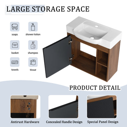 24'' Wall-Mounted Bathroom Vanity with White Ceramic Sink & Soft-Close Door, KD-Packing