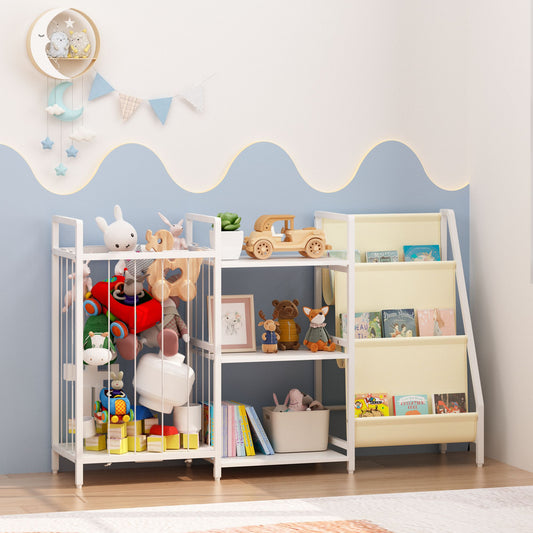 Kids Bookshelf and Toy Storage, 3-in-1 Book Shelf for Kids Rooms, Sling Baby Bookcase with Stuffed Animal Storage, Toddler Montessori Bookshelf for Nursery, Playroom, Kindergarten, White