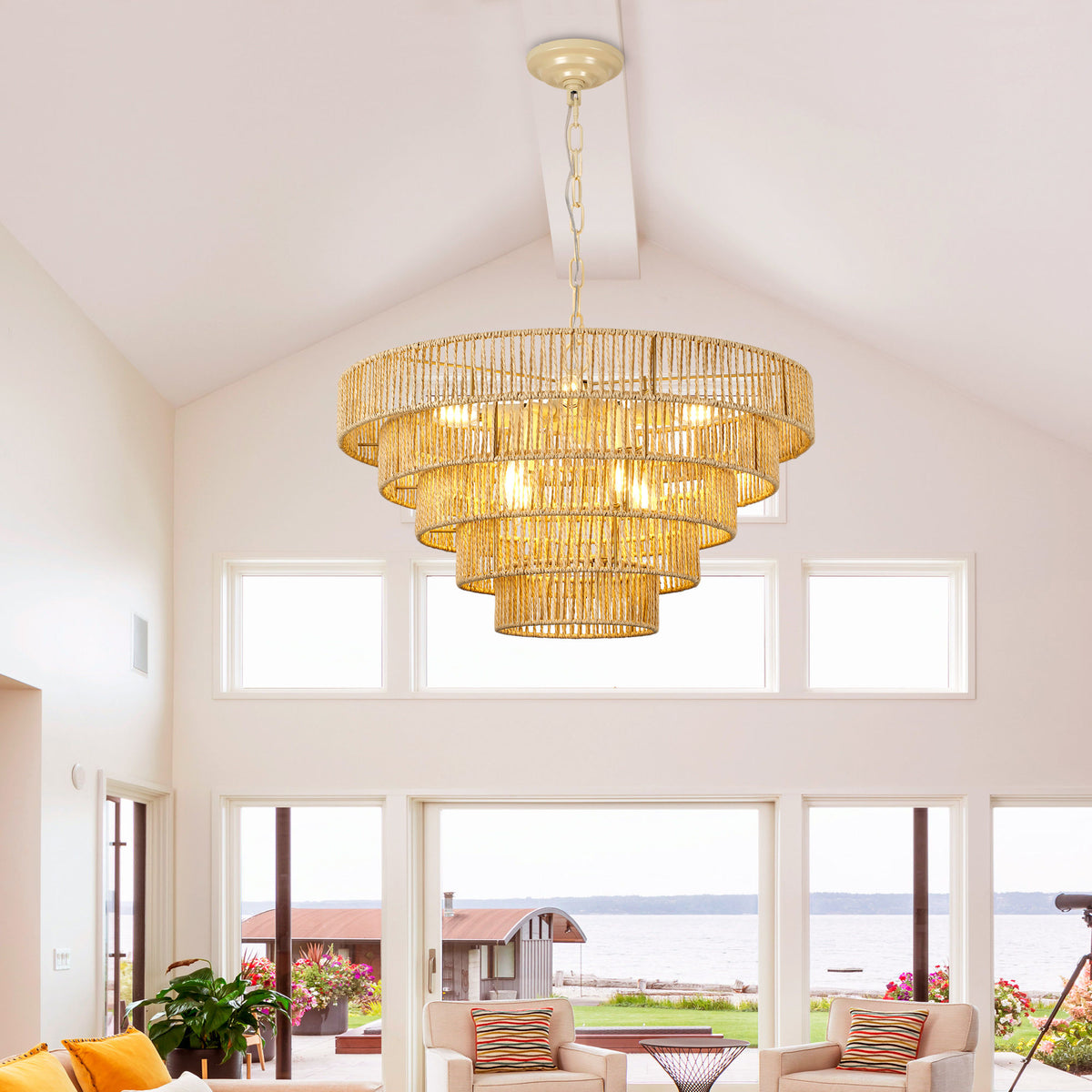 23.62" Tiered Chandelier, 5-Tier Off White Metal & Glass Pendant Light, 8xB12 Socket Max 40W, Bulbs Not Included