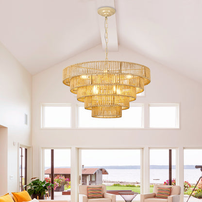 23.62" Tiered Chandelier, 5-Tier Off White Metal & Glass Pendant Light, 8xB12 Socket Max 40W, Bulbs Not Included