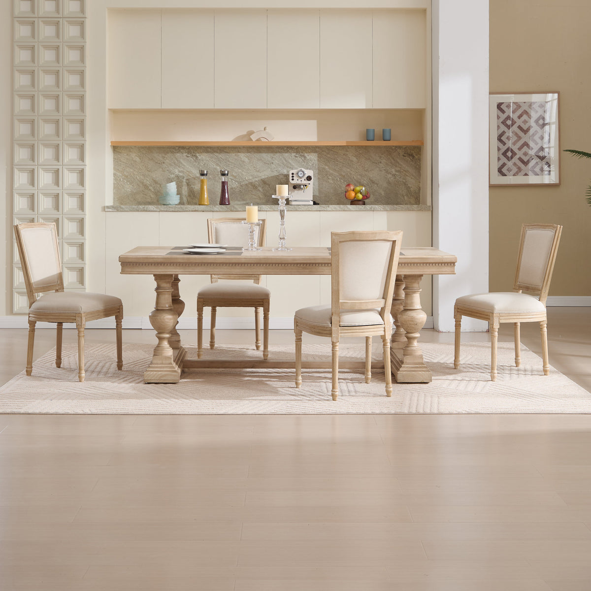 French Country Dining Chairs Set of 2, Upholstered Chairs with T-shaped Back, Wire drawing and carving techniques, Disassemblable