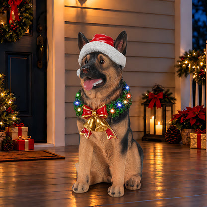Lighted Christmas German Shepherd Dog Statue, Santa Hat Puppy Figurine with LED Wreath and Bells