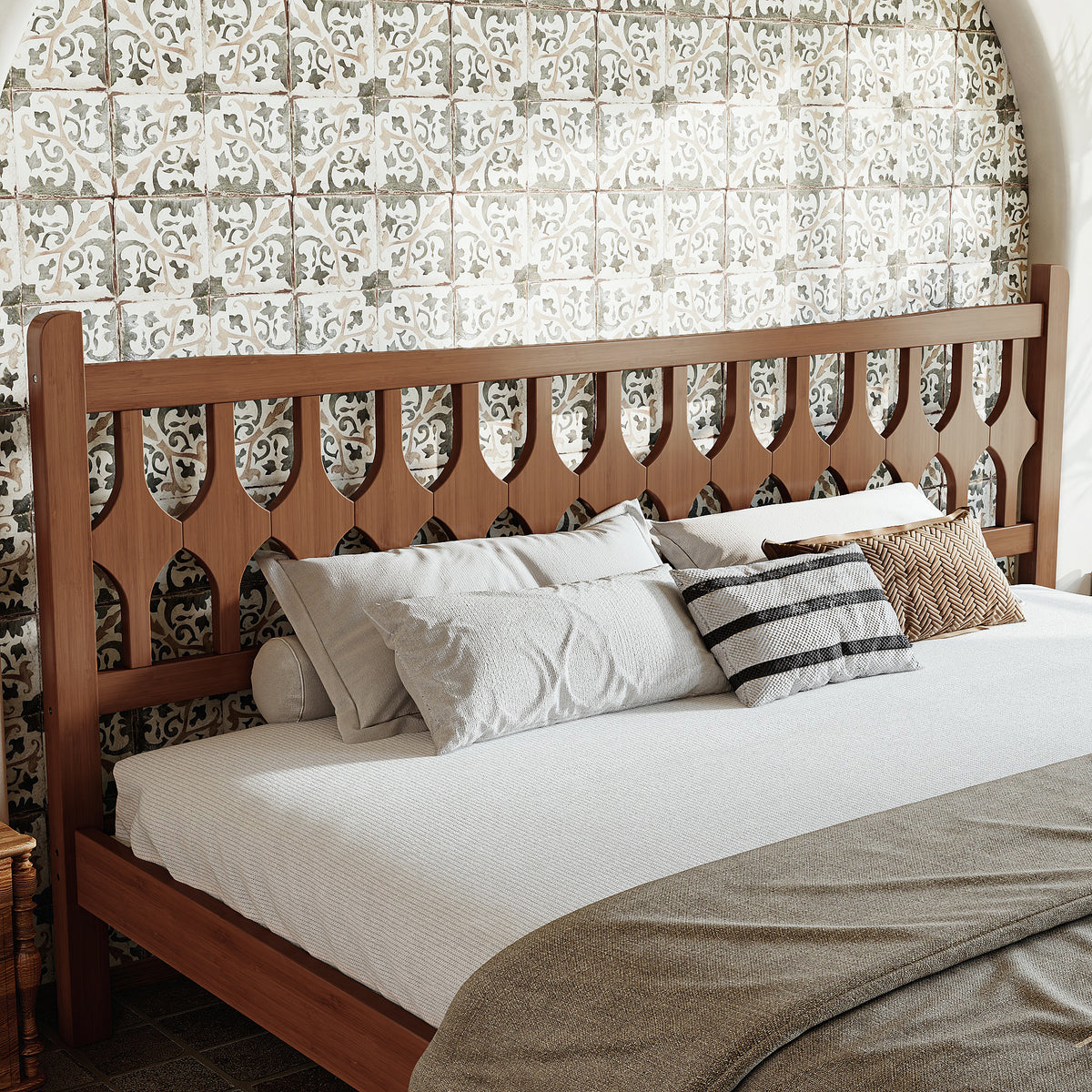 King Size Bamboo Platform Bed with Diamond-shaped headboard, Solid Bamboo-made Bed Frame with Support Slats, for Bedroom, Guest Rooms, Brown