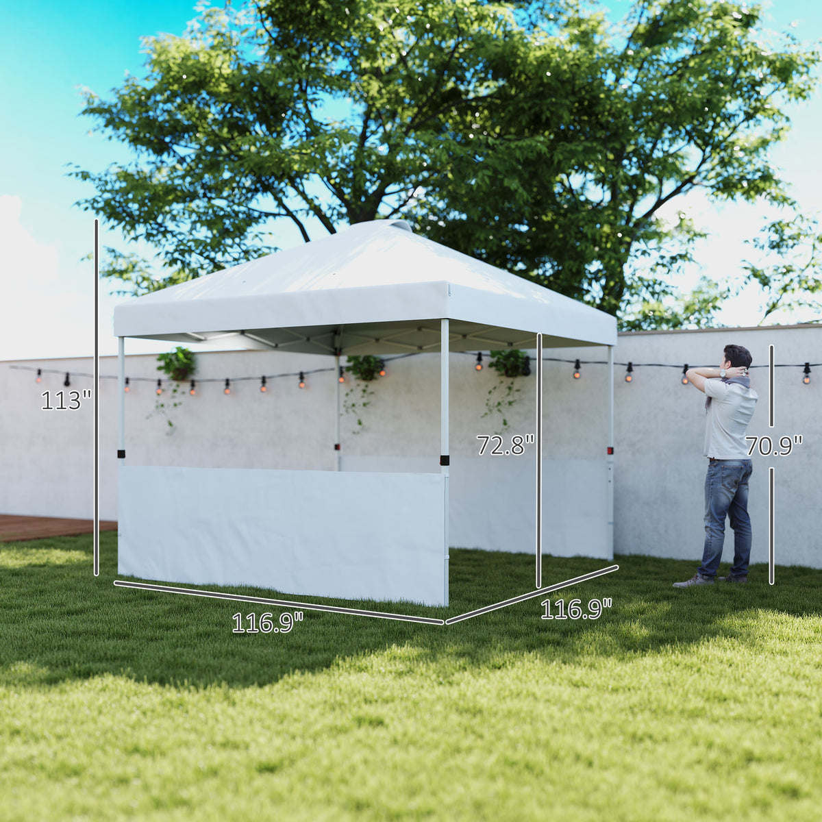 Outsunny 10" x 10" Pop Up Canopy Tent with 2 Half Sidewalls, UV50+ Height Adjustable Instant Sun Shelter with Wheeled Carry Bag, White
