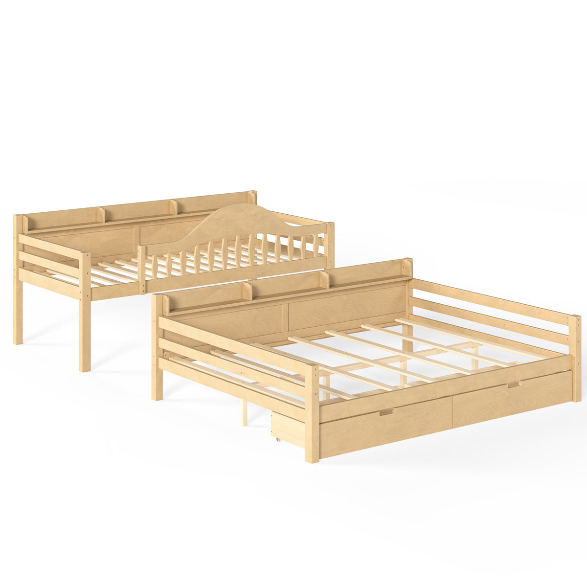 Twin XL Over Queen Bunk Bed with Storage Drawers, Chic Curved Guardrail & Side Storage Shelves, solid wood Bunk Bed Frame with Ladder, No Box Spring Needed. Natural