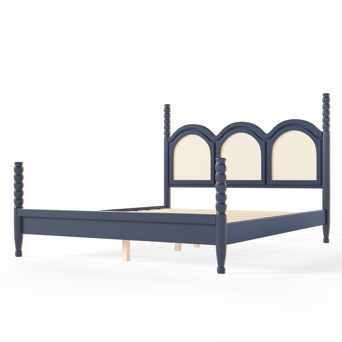 Queen Size Platform Bed with Arched Woven Headboard, Four Poster Stylish Wooden Bed Frame, Elegant Curved Headboard Bed Frame For Bedroom,Blue