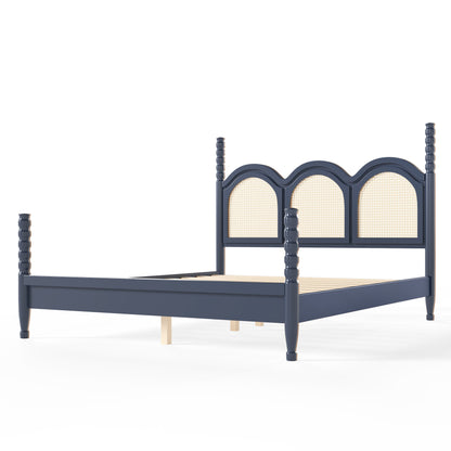 Queen Size Platform Bed with Arched Woven Headboard, Four Poster Stylish Wooden Bed Frame, Elegant Curved Headboard Bed Frame For Bedroom,Blue