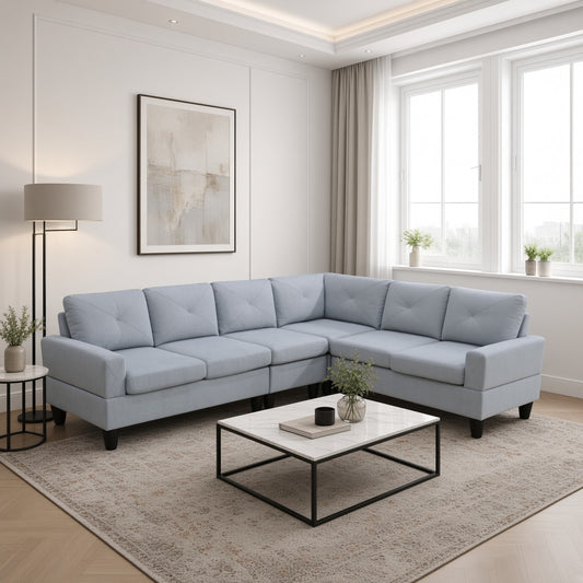 95.5x 75 Inches Width Grey Modular L-Shaped Sectional Sofa 6-Seater 4-Piece Massa Calico Fabric Couch with Chaise