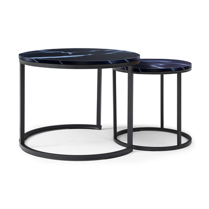 Set 2 Coffee Table Nesting Black top  Black Frame Circular Round and Marble Pattern Wooden Tables, Living Room Bedroom Apartment Modern Industrial Simple Nightstand