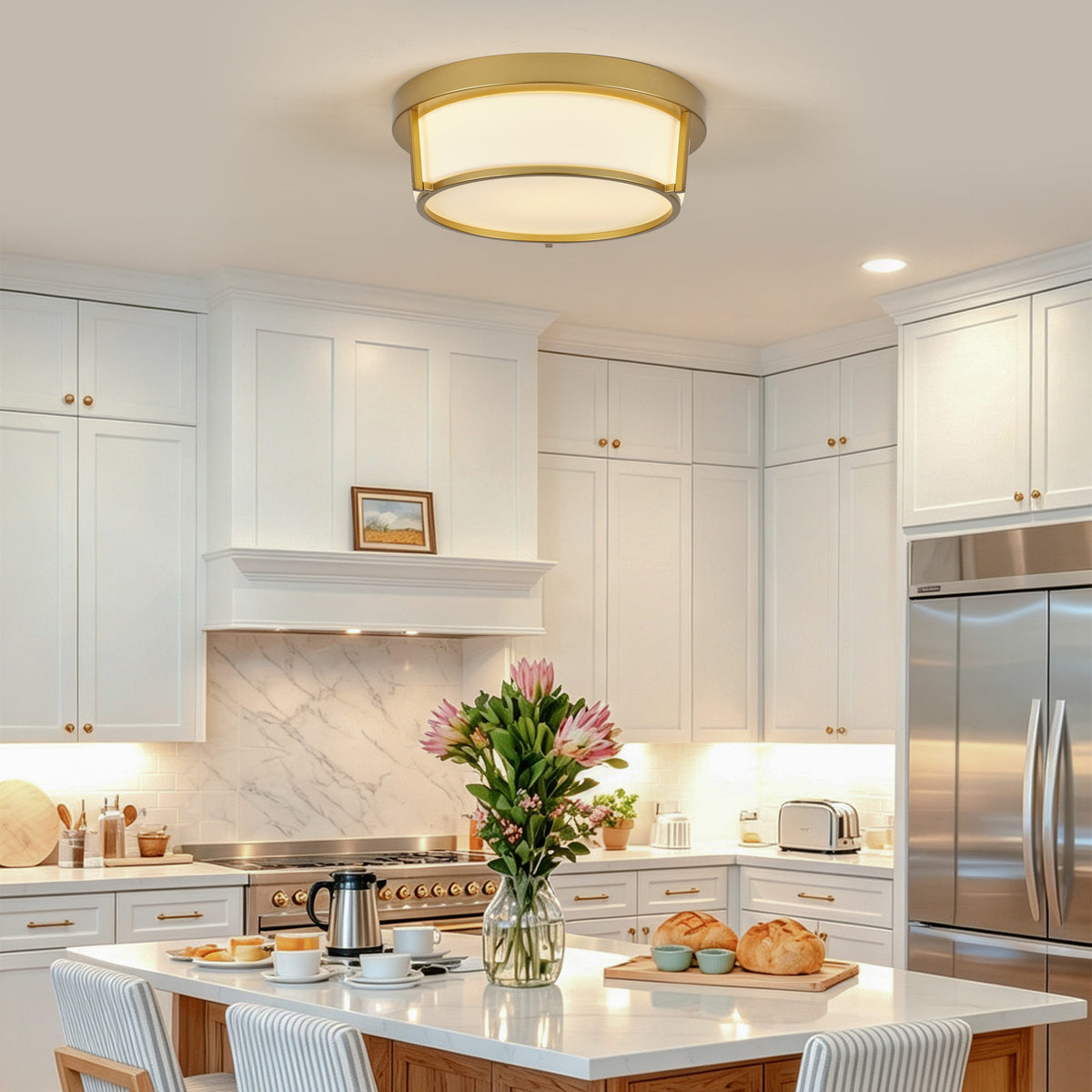 13.58" Flush Mount LED Ceiling Light, Brushed Gold Metal Frame with Glass Shade, No Remote Control