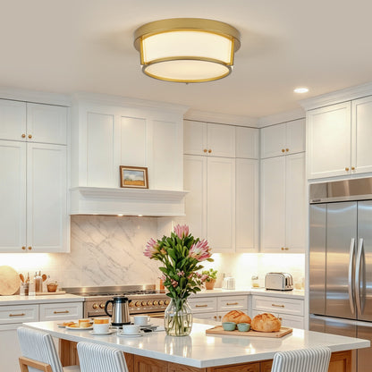 13.58" Flush Mount LED Ceiling Light, Brushed Gold Metal Frame with Glass Shade, No Remote Control