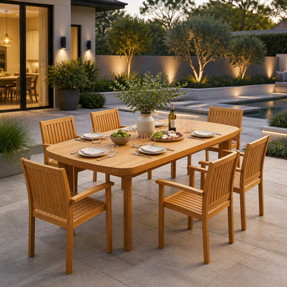7‑Piece Acacia Wood Outdoor Dining Set, 71' Oval Teak Finish Patio Table & 6 Slatted Arm Chairs, Solid Acacia Wood Frame, Weather‑Resistant for Backyard Garden Deck