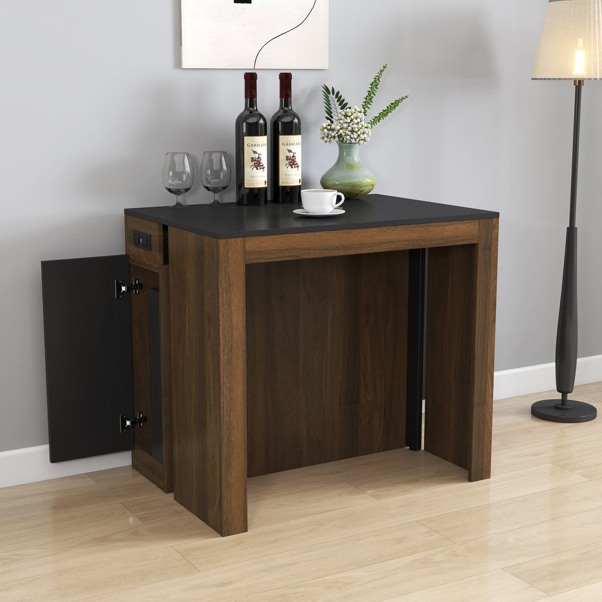 Modern Multifunctional Extendable Dining Table with Outlet, Space Saving Expanding Table with Storage for Party, Weddings, Meetings, Celebrations