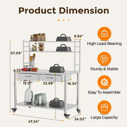 Stainless Steel Table with Shelves and Drawer, Stainless Steel Work Table with Overshelves, Adjustable Shelf and Hooks, Kitchen Prep Table for Commercial Kitchen, Restaurant and Garage