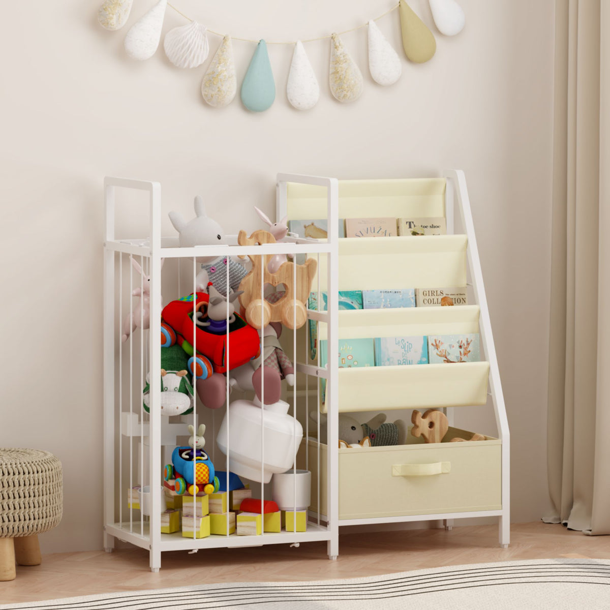 Kids Bookshelf and Toy Storage Organizer, Dual-Sided Children Bookshelf with Figure Display Storage and Book Sling Pockets, Toy Organizer for Playroom, Bedroom and Nursery