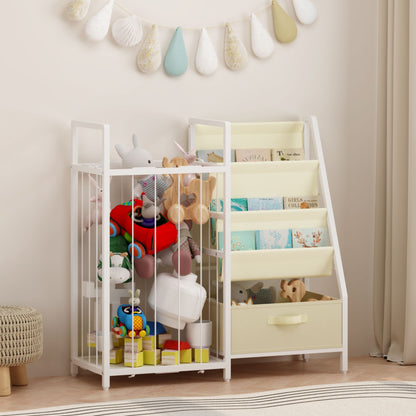 Kids Bookshelf and Toy Storage Organizer, Dual-Sided Children Bookshelf with Figure Display Storage and Book Sling Pockets, Toy Organizer for Playroom, Bedroom and Nursery