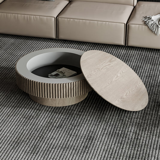 31.5'' Round Coffee Table with Storage Solid Wood Veneered Modern Coffee Table Accent Tea Table for Living Room, Bedroom, Apartment or Office, Grey