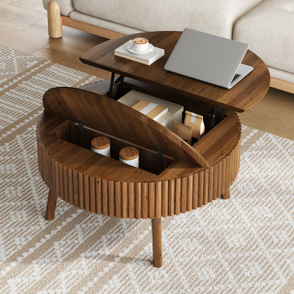 Modern Round Lift-Top Coffee Table with Half Flip-Top & Hidden Storage, Solid Wood Mid-Century Coffee Table with Fluted Design, 30.3' Walnut Space-Saving Center Table for Living Room
