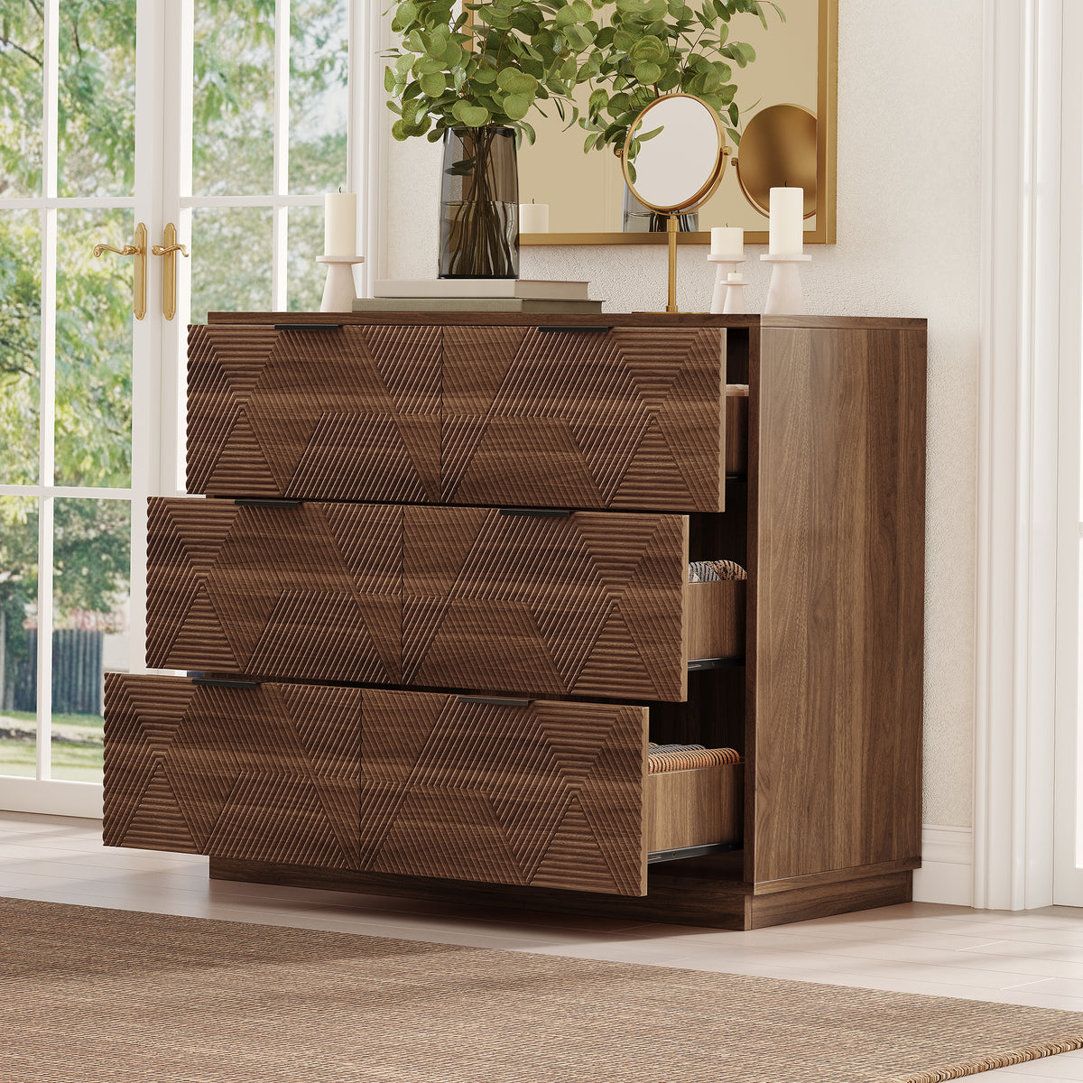 Modern Walnut Dresser with 6 Drawers, Mid Century 3D Geometric Wood Chest of Drawers, Large Storage Cabinet for Bedroom, Living Room & Entryway